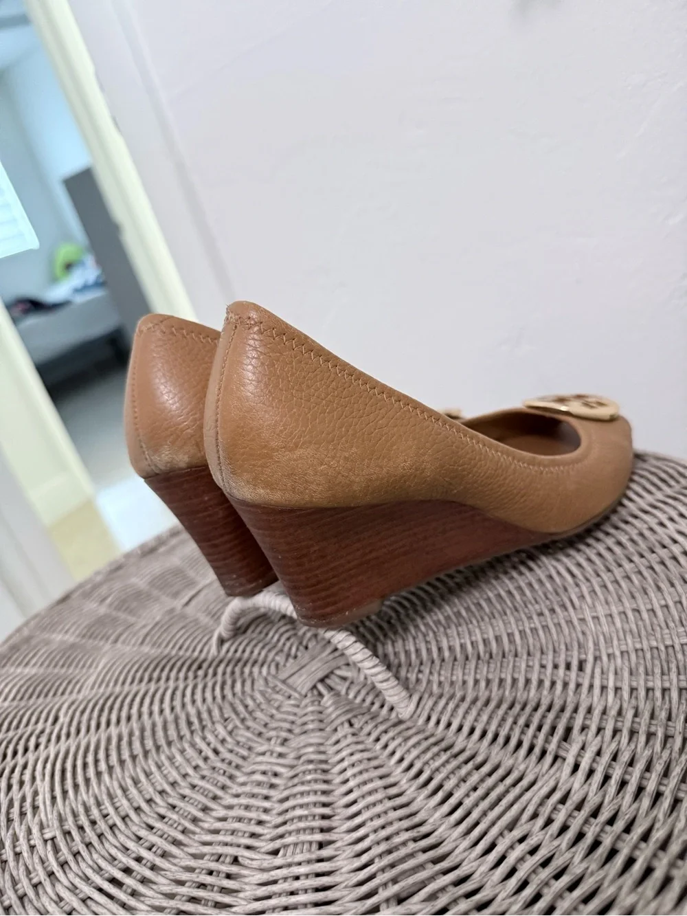 Tory Burch Camel Leather Peep-Toe wedges with Gold Logo Medallion